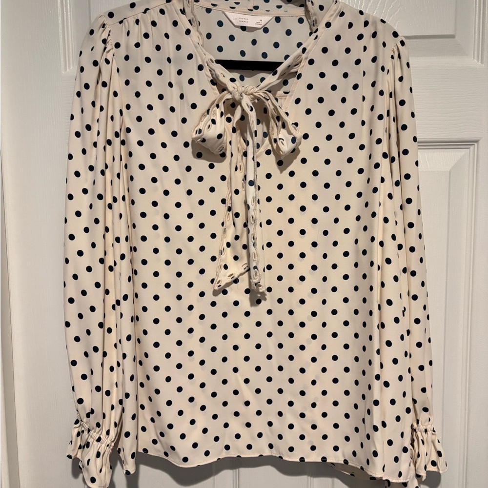 LC Lauren Conrad Cream Bishop Sleeve Blouse with Tie Front
